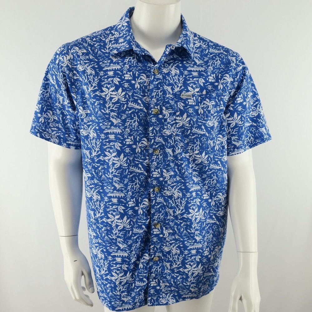Columbia‎ PFG Men's Fishing Outdoor Vented Shirt Size Medium Blue Hawaiian